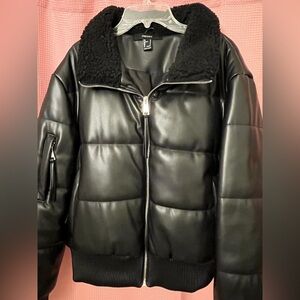 Forever 21 Black Puffer Jacket with Shearling Collar